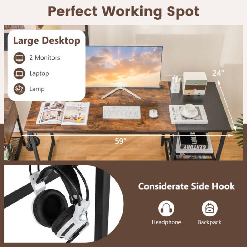 Hivvago 59 Inch Industrial Computer Desk with 2 Tier Storage Shelves for Home Office