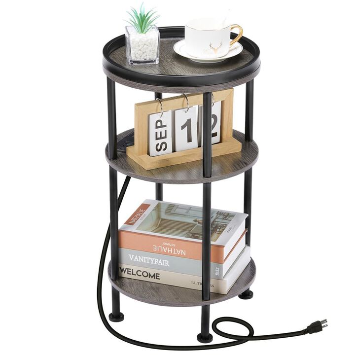 Small Round Side Table with Charging Station for Small Spaces, 3-Tier Round Accent Table with USB Ports & Power Outlets, Round C