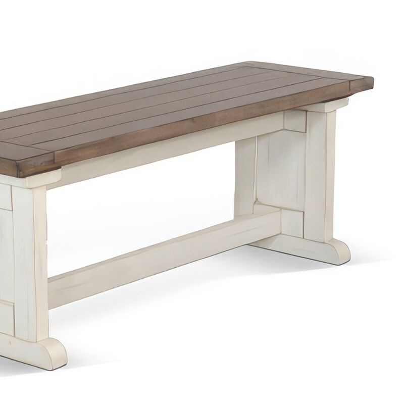 Dean Side Dining Bench, Plank Style Seat, Off White and Brown 48 Inch