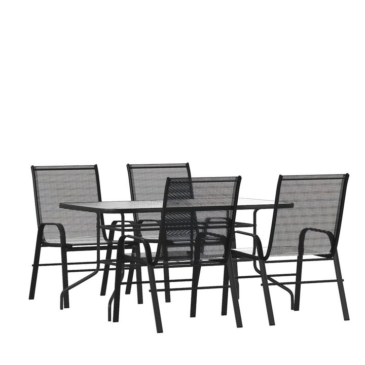 Flash Furniture 5 Piece Set - 55" Tempered Glass Patio Table, 4 Gray Stack Chairs