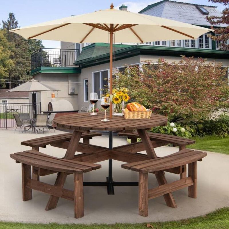 Hivvago 8-Set Outdoor Solid Wood Round Picnic Table with 4 Benches Patio Garden Dining Set
