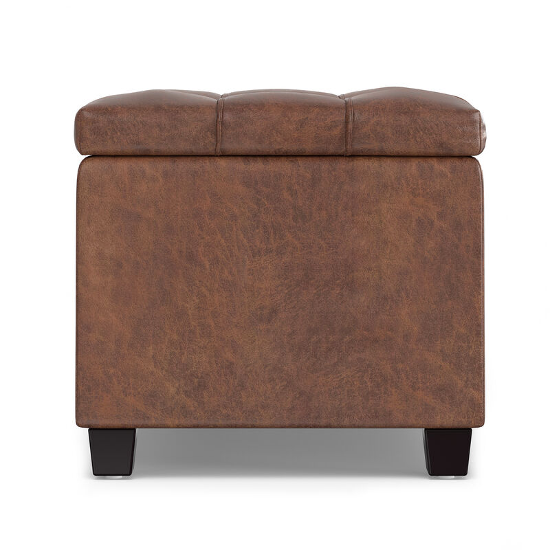 Sienna 33 inch Wide Transitional Rectangle Storage Ottoman Bench in Distressed Saddle Brown Vegan Faux Leather, Assembled
