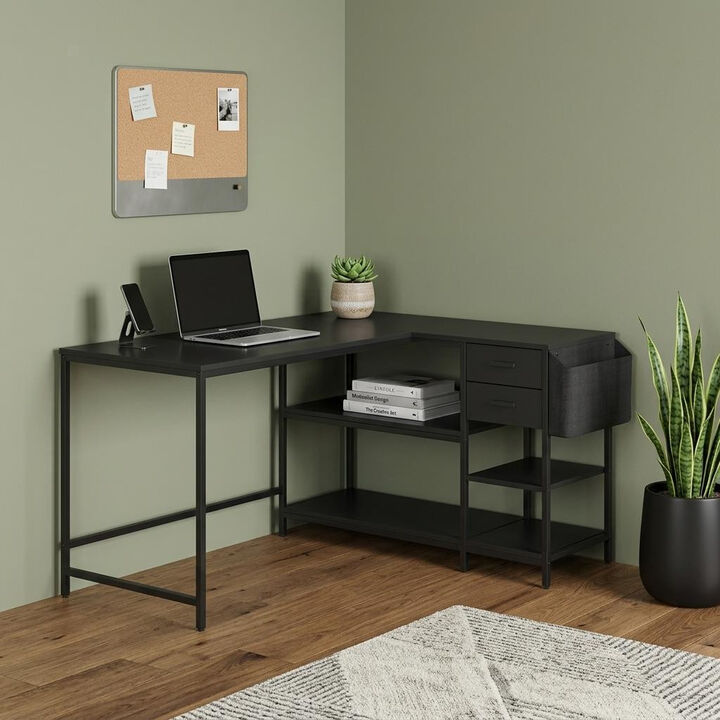 HomeRoots 55" Black Wood and Stainless Steel L Shape Computer Desk With Two Drawers