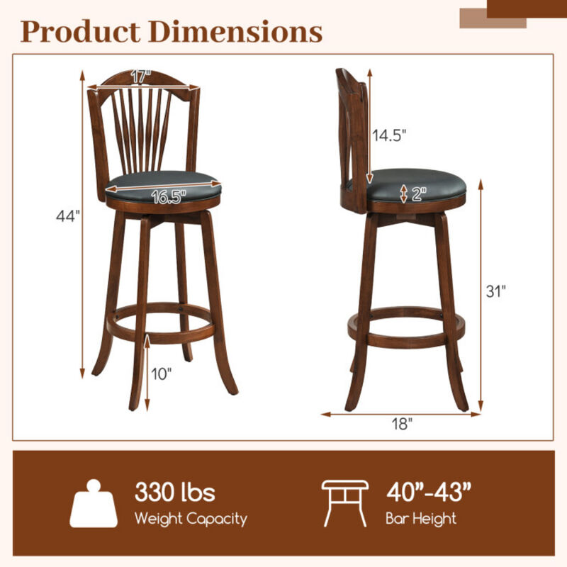 Kitchen Island Swivel Bar Stools with Backrests and Wood Frame Set of 2 image number 2