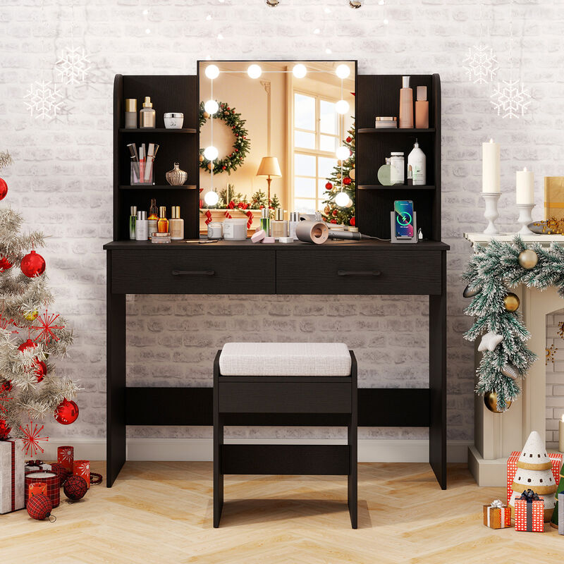 Vanity Set with Lighted Mirror and Stool with Power Outlet