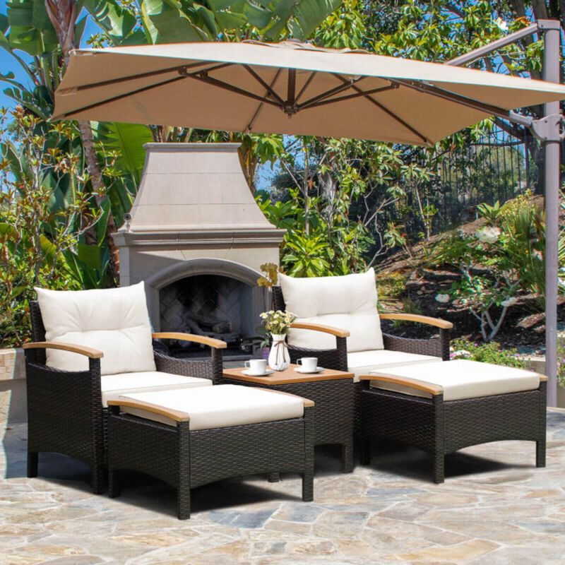 Hivvago 5 Pieces Patio Conversation Set with Cushions Coffee Table and 2 Ottomans