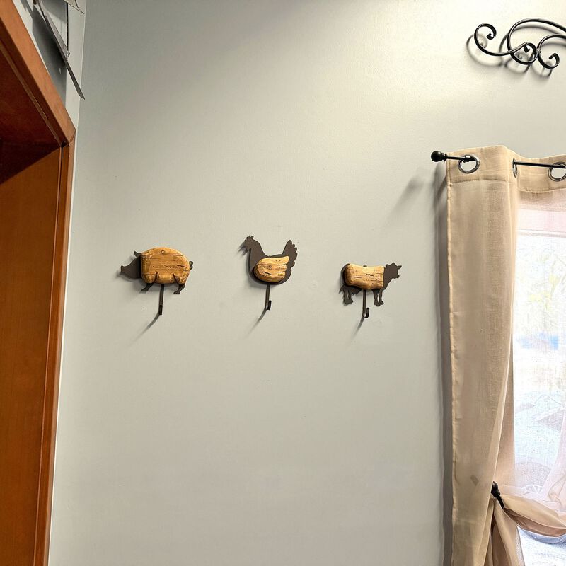 Farm Animal Wall Hooks Set Of 3 Wood Metal Farmhouse 7 In Brown Black image number 7