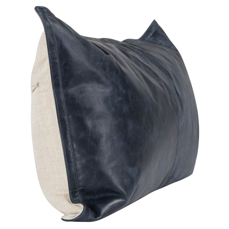 Norm 14 x 26 Lumbar Accent Throw Pillow, 4 Pieced Design, Soft Blue Leather - Benzara