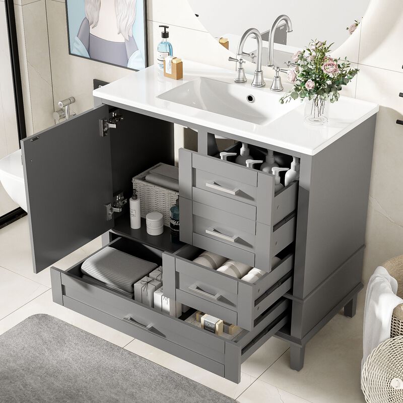 Whisen 36 in. Bathroom Storage Cabinet Bathroom Vanity with Ceramic Sink, Soft Close Door and 3 Drawers