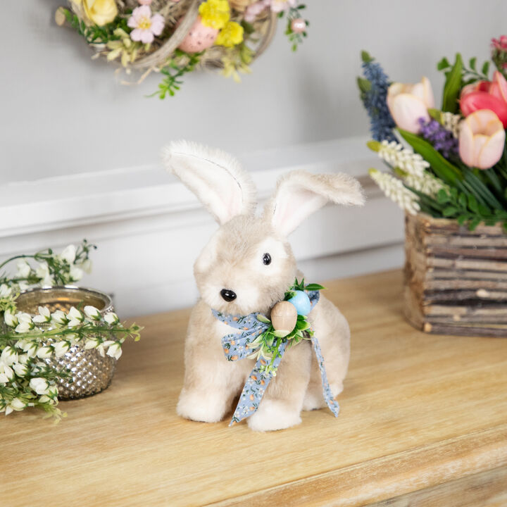 Plush Rabbit with Floral Bow Easter Figurine - 8"