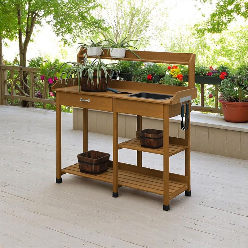 Outdoor Potting Bench Table – Sink, Drawer & Storage Shelves for Garden Organization