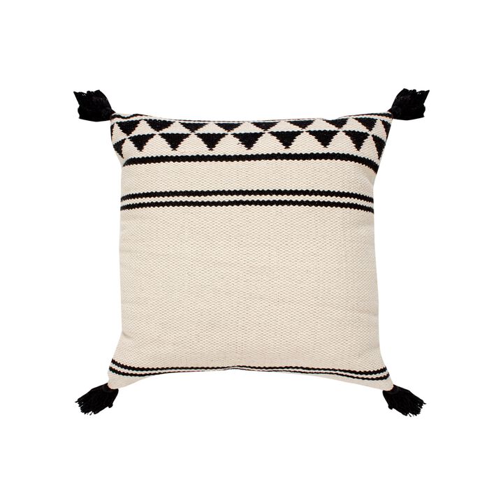 18 x 18 Square Cotton Accent Throw Pillow with Simple Striped Pattern and Tassels, Set of 2, White and Black-Benzara