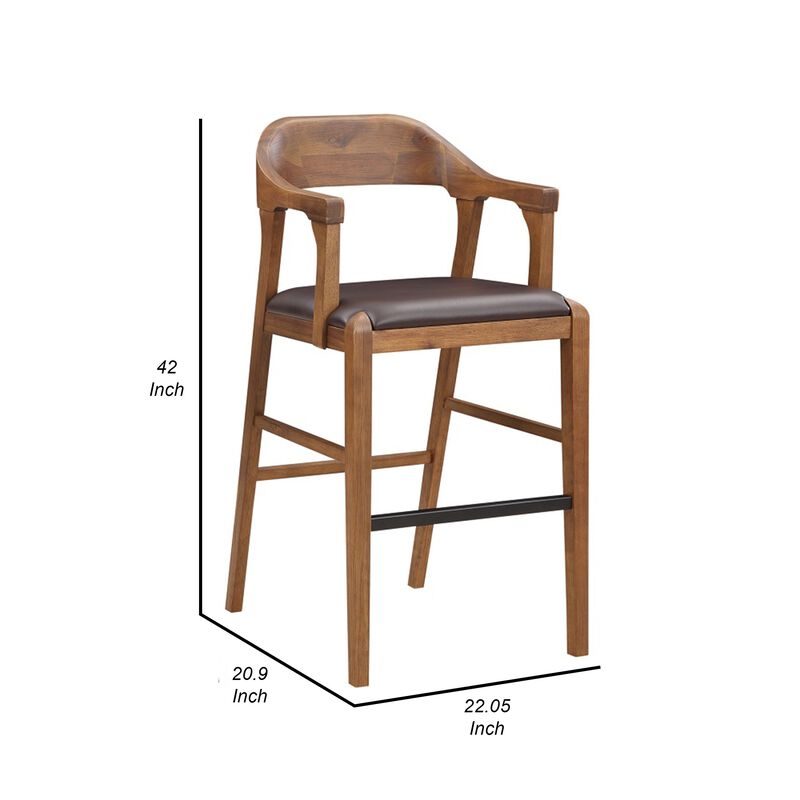 Rase 29 Inch Barstool Chair, Faux Leather Seat, Open Curved Back, Brown - Benzara