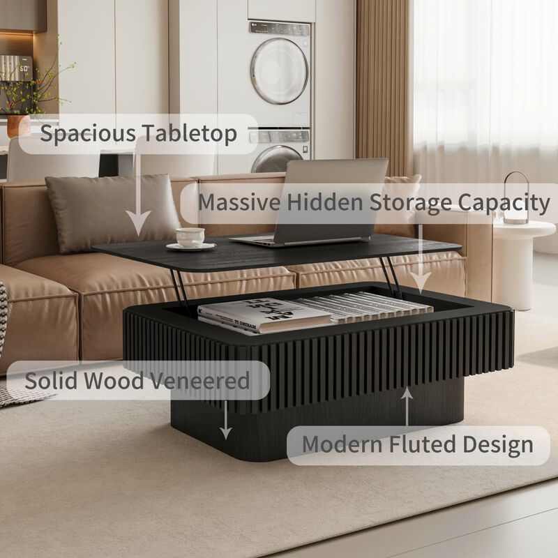 Rectangular lift top coffee table Coffee table with hidden storage and soft close Fluted MDF and solid wood veneer coffee table image number 5