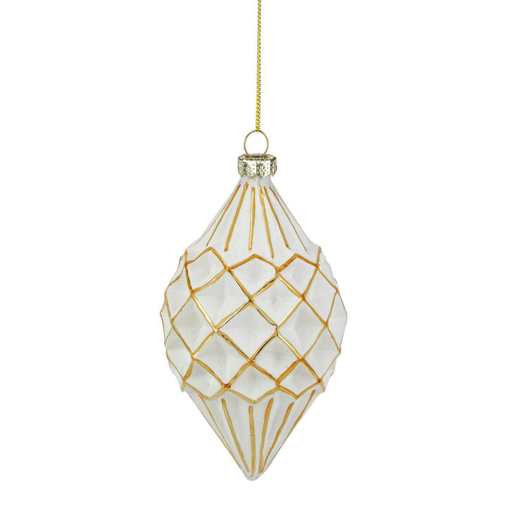 5" Glittered White and Gold Geometric Finial Glass Christmas Ornament