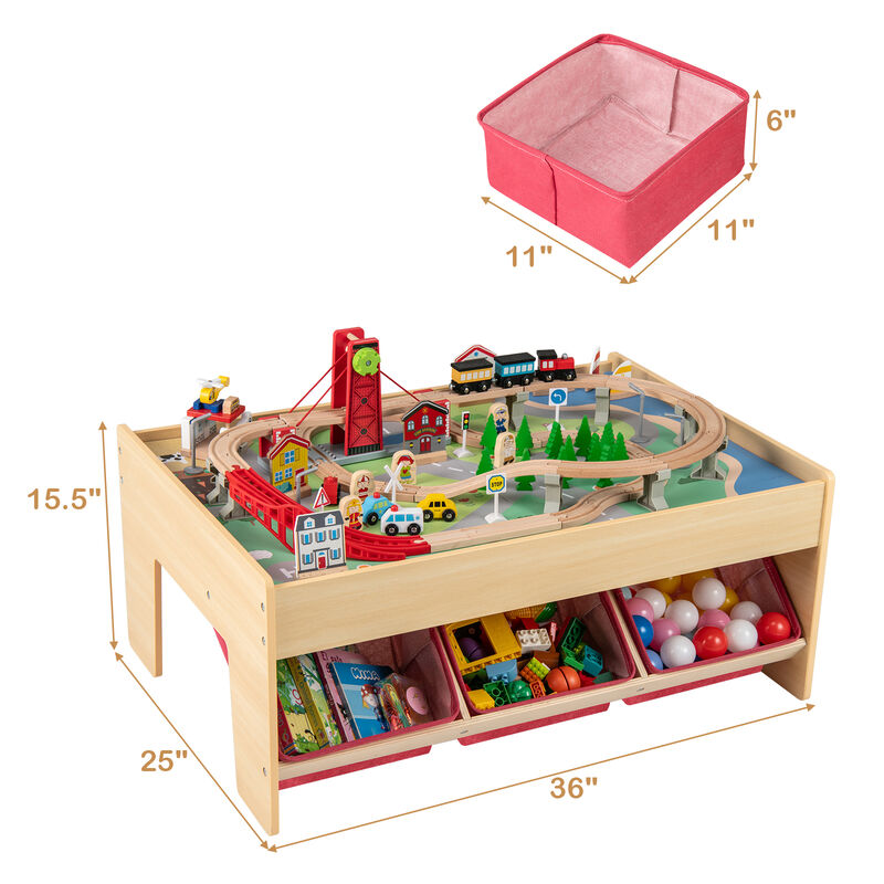 Wooden Kids Train Set Activity Table with 2 Reversible Table Tops-Natural image number 2