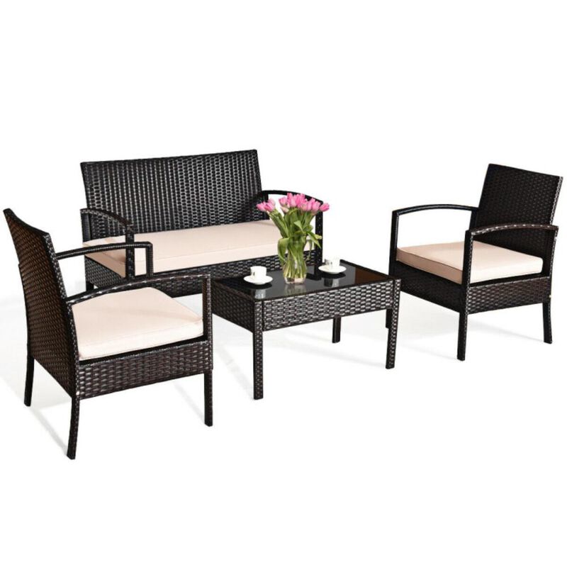 Hivvago 4 Pieces Patio Rattan Conversation Set with Loveseat Sofas and Coffee Table