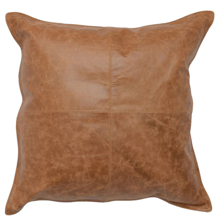 Square Leatherette Throw Pillow with Stitched Details, Brown - Benzara