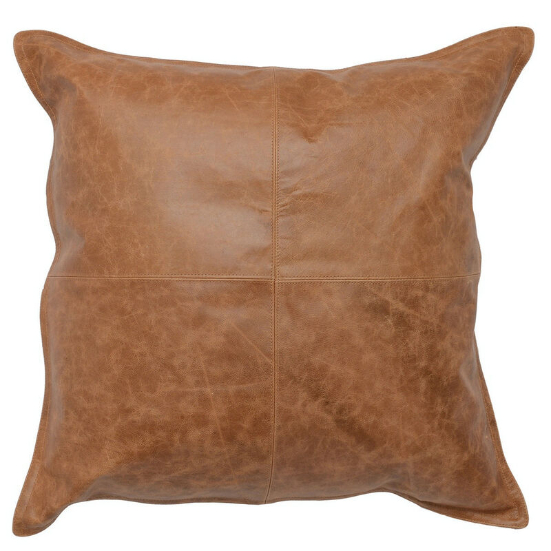 Square Leatherette Throw Pillow with Stitched Details, Brown - Benzara