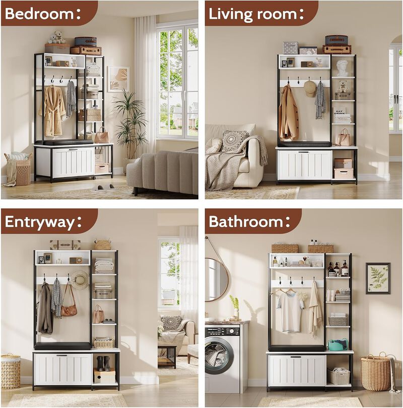 Hall Tree with Bench and Shoe Storage, 39.4" Entryway Bench with Coat Rack freestanding, Wall Rack 4 Hooks and Shelves, 39.37" x 15.74&ldquo; x 69.69" image number 6