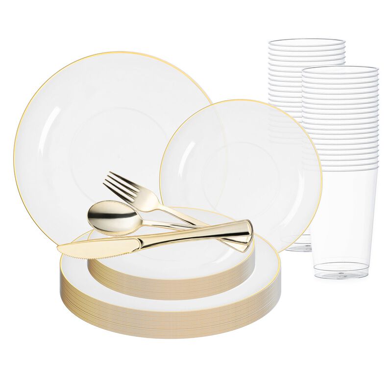 Clear with Gold Rim Organic Round Plastic Plastic Wedding Value Set (120 Sets) image number 0