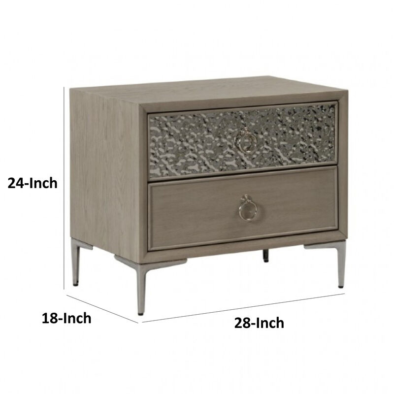 Kaira Nightstand with 2 USB Ports, Textured Metal, Natural Oak Brown