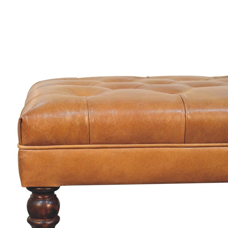 Artisan Furniture Solid Wood, Upholstered California Walnut Buffalo Tan Leather Ottoman with Castor Legs
