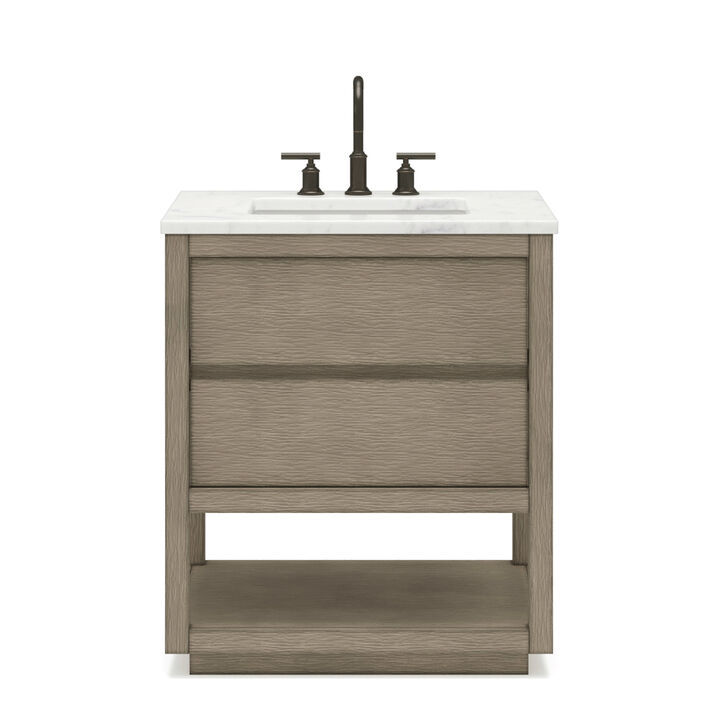 Oakman 30 In. Single Sink Carrara White Marble Countertop Bath Vanity in Grey Oak