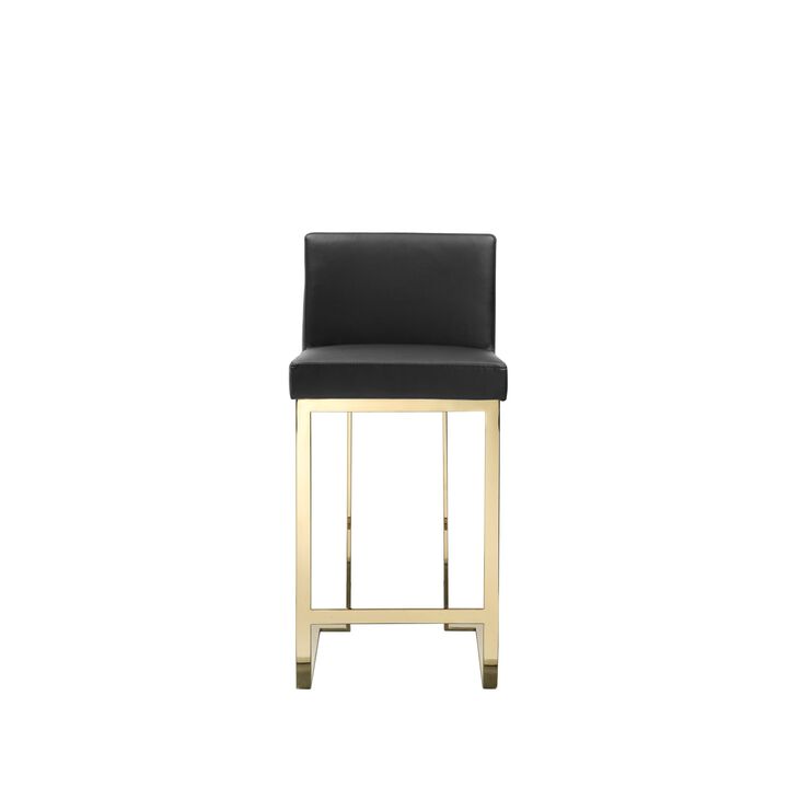 Boly 26 Inch Counter Height Chair, Black Faux Leather Seat, Gold Cantilever - Benzara
