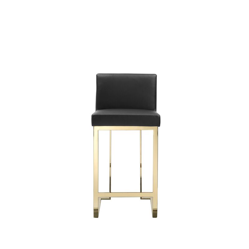Boly 26 Inch Counter Height Chair, Black Faux Leather Seat, Gold Cantilever - Benzara