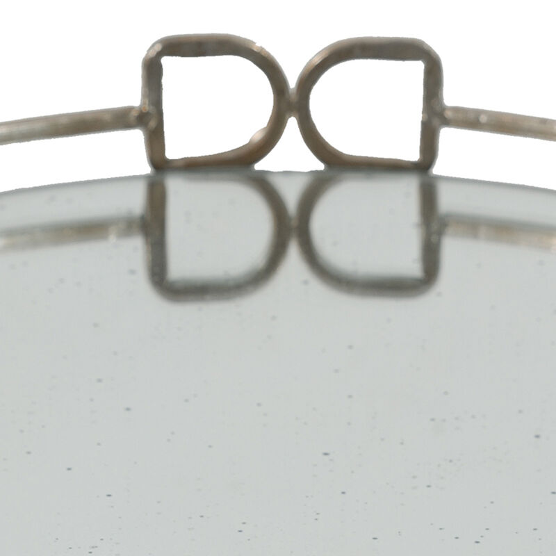 Sui 16 Inch Round Serving Tray, Mirrored Silver Geometric Frame, Medium-Benzara