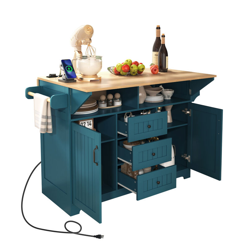 Whisen Modern Kitchen Island with 2 Drop Leaf, Power Outlet and Drawers - Green