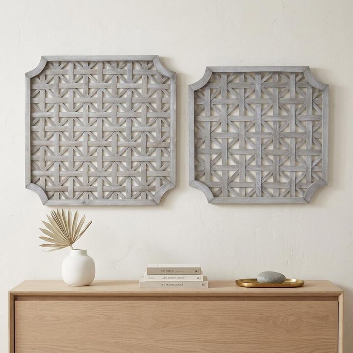 HomeRoots Set of Two Gray Geometric Solid Wood Square Framed Art