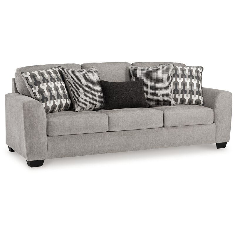 Delaney Sofa, Gray Polyester, 5 Accent Throw Pillows, Black, 97 Inch - Benzara