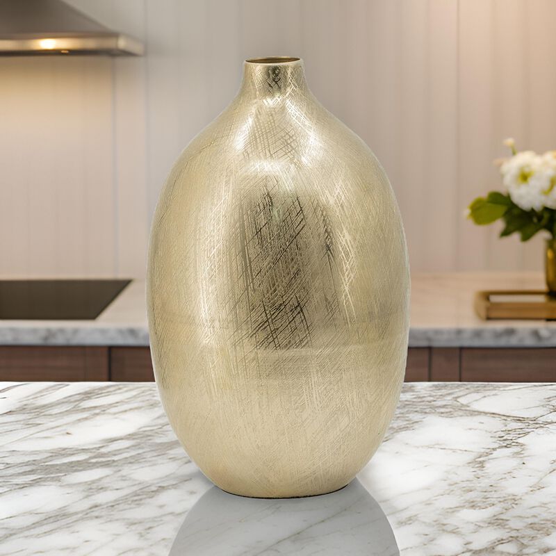 Pansy 14 Inch Modern Vase, Metal, Tall Curved Shape, Bottleneck, Gold  - Benzara