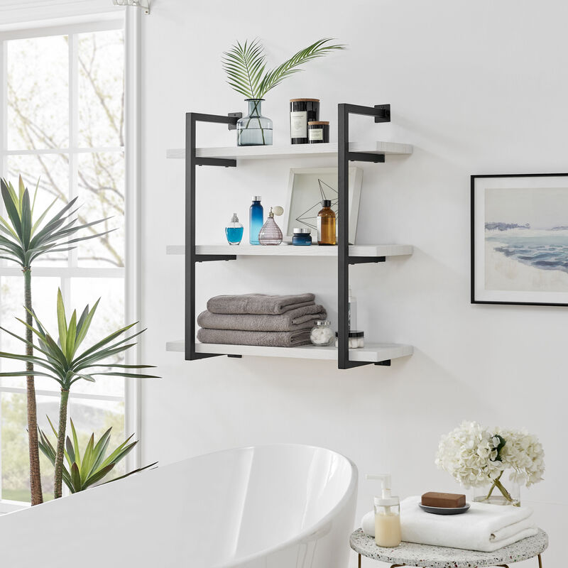 Modern 3-Tier Hanging Bracket Wall Shelves in Black Metal and White Birch Finish