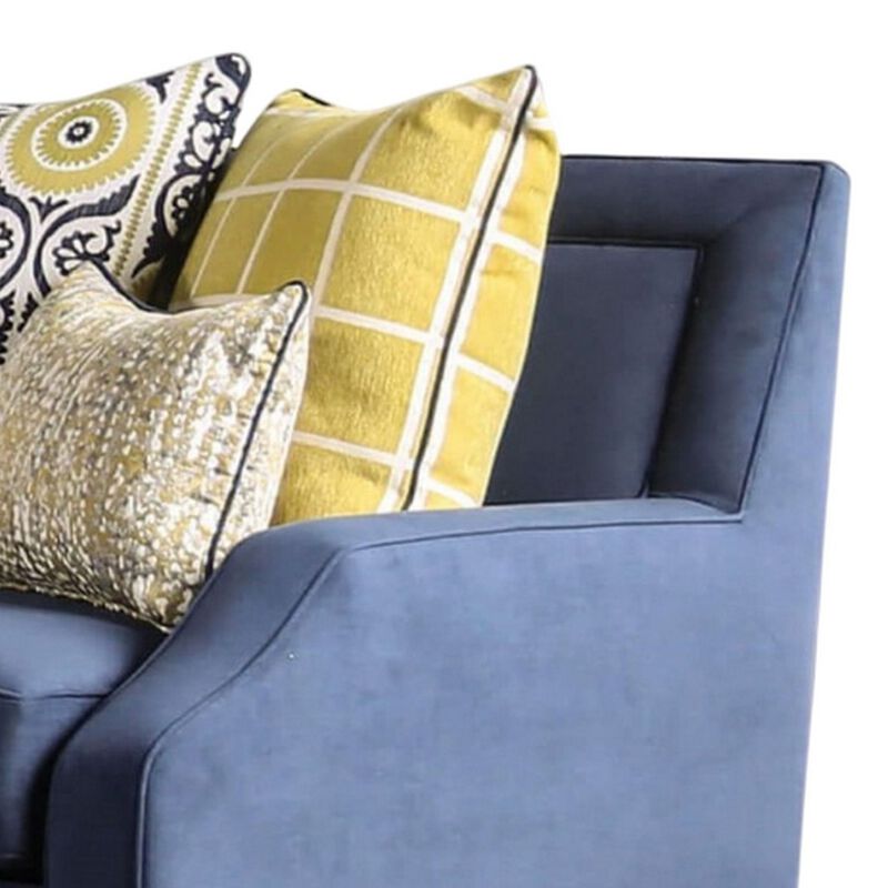 Omis Loveseat, Navy Blue Velvet, 5 Accent Pillows, Solid Wood, 65 Inch - Benzara - Benzara image number 2