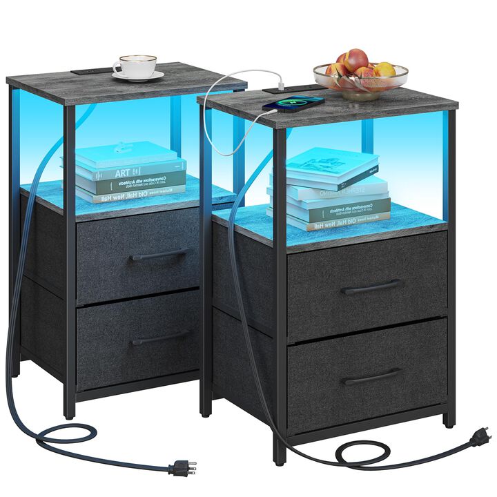 TUTOTAK LED End Table with Charging Station, Nightstand with Cloth Drawer, Side Table with 1 USB Port and 1 Type-C Port, Set of