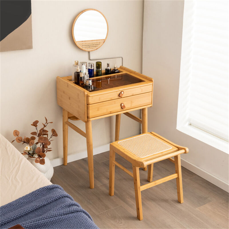 Stylish Wicker Vanity Desk with Mirror and Storage Drawers for Essentials