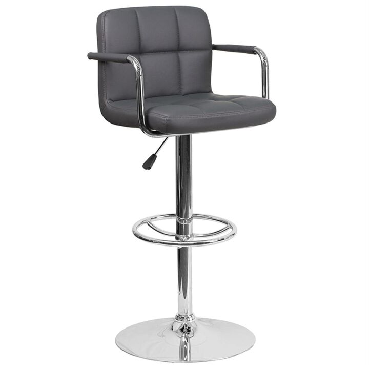 Flash Furniture Contemporary Gray Quilted Vinyl Adjustable Height Barstool with Arms and Chrome Base