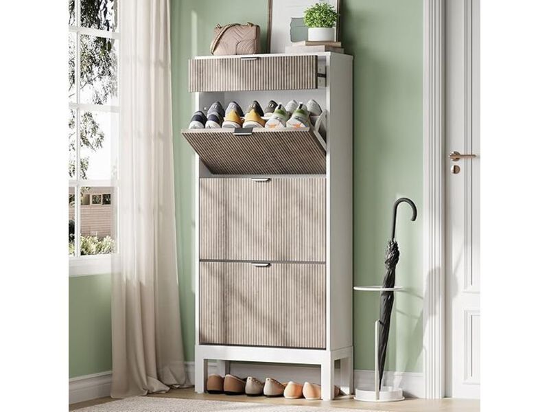 Slim Entryway Shoe Storage Cabinet Flip Drawer Adjustable Space Saving White image number 1