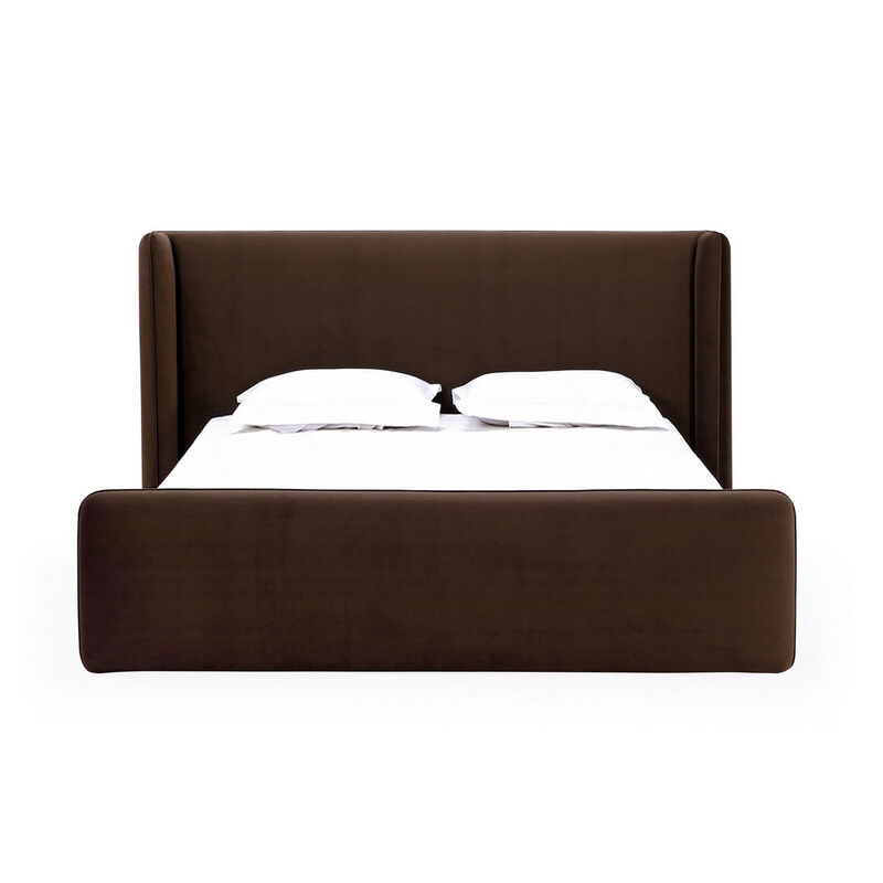 Baca Queen Platform Bed, Velvet Upholstery, Wingback Headboard, Brown - Benzara image number 0