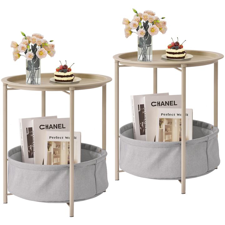 VECELO Round Side/End Table with Fabric Storage Basket
