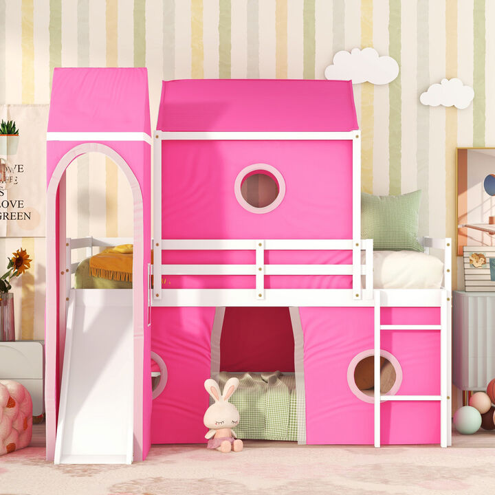 Twin Size Bunk Bed with Slide Pink Tent and Tower - Pink