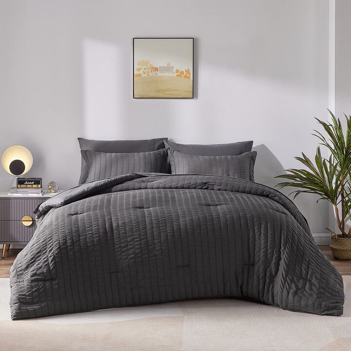 CozyLux Queen Seersucker Comforter Set with Sheets Dark Grey Bed in a Bag 7-Pieces All Season Bedding Sets with Comforter, Pillo