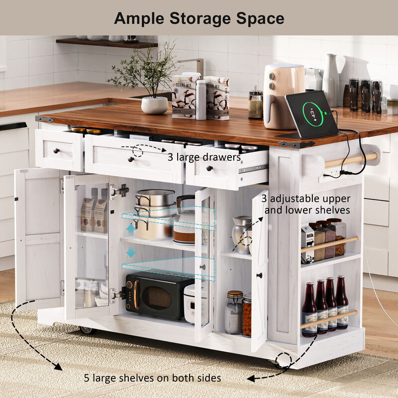 Merax Farmhouse Kitchen Island with Drop Leaf, Charging Station image number 3