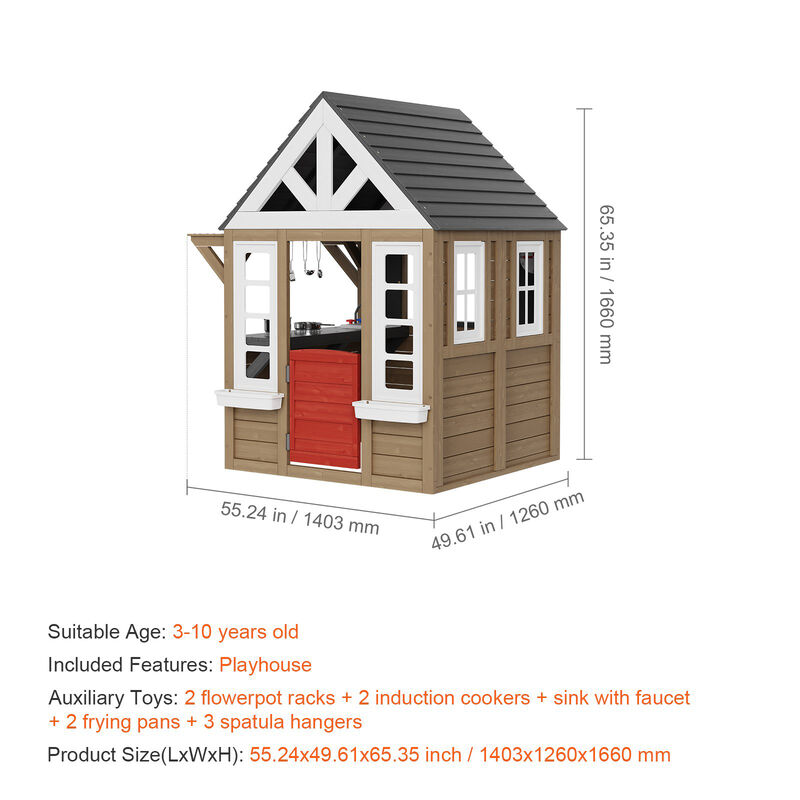 Outdoor Wooden Playhouse Kids Garden Games Cottage with Door Window Sink