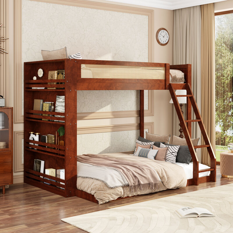 Merax Twin over Full Bunk Bed with Rattan Guardrail, LED Light & 4-Tier Side Bookshelf image number 1