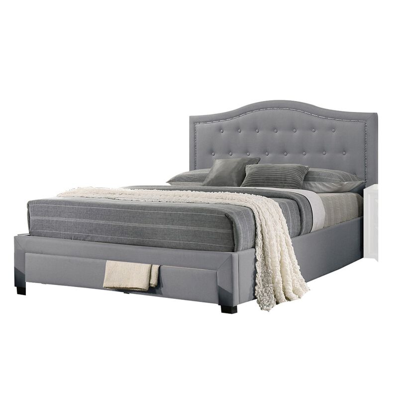 Sey California King Bed w Storage Drawer, Light Gray Burlap Upholstery - Benzara