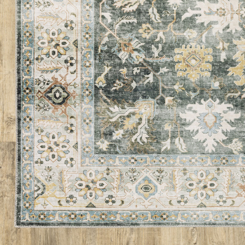5 X 7 grey charcoal gold Brown Ivory Pale Sage And Light Blue Oriental Printed Stain Resistant Non Skid Area Rug